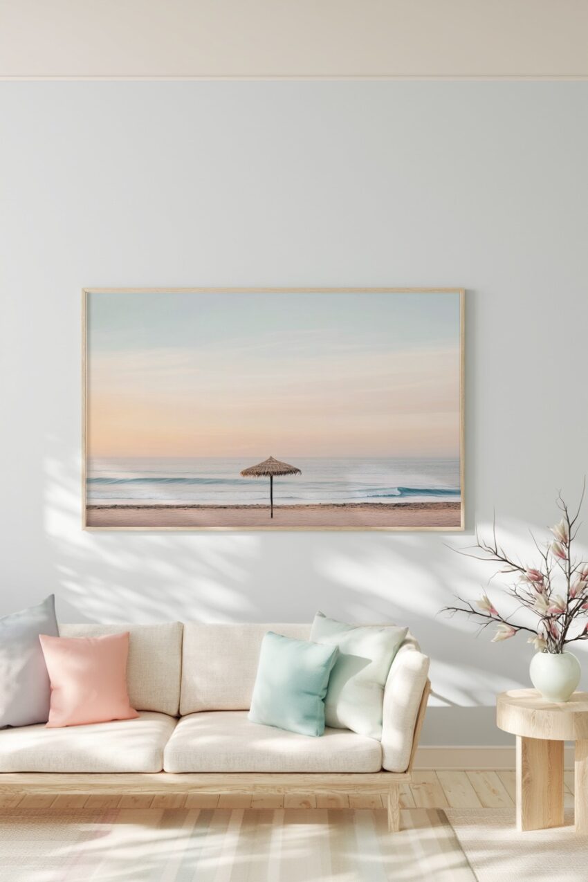 Fotografie Poster Strandsonnenschirm Meer sanft pastell