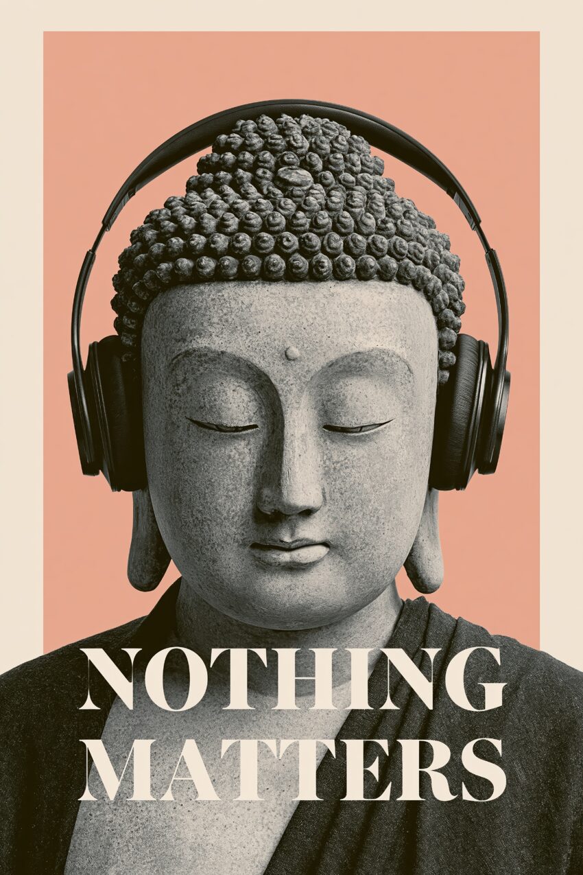 Fotografie Poster Buddha Kopfhörer ruhig Stein grau