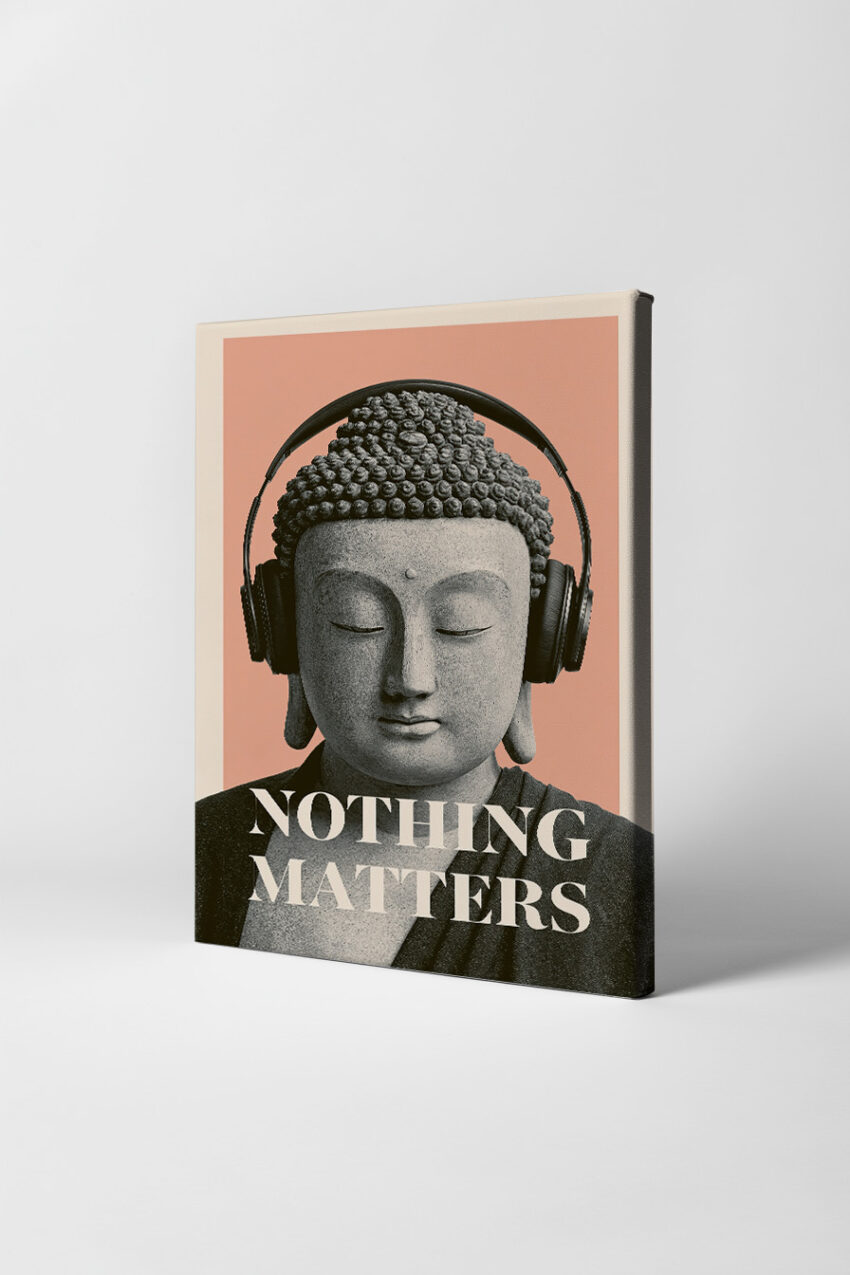 Fotografie Poster Buddha Kopfhörer ruhig Stein grau