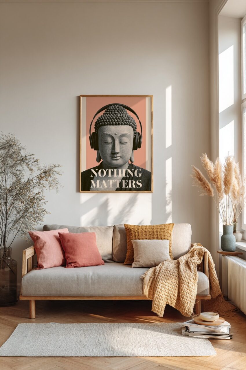 Fotografie Poster Buddha Kopfhörer ruhig Stein grau