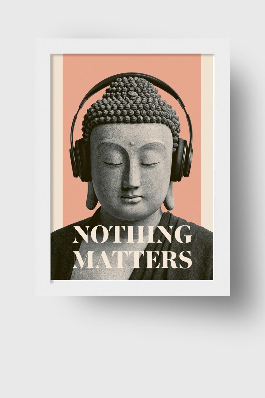 Fotografie Poster Buddha Kopfhörer ruhig Stein grau