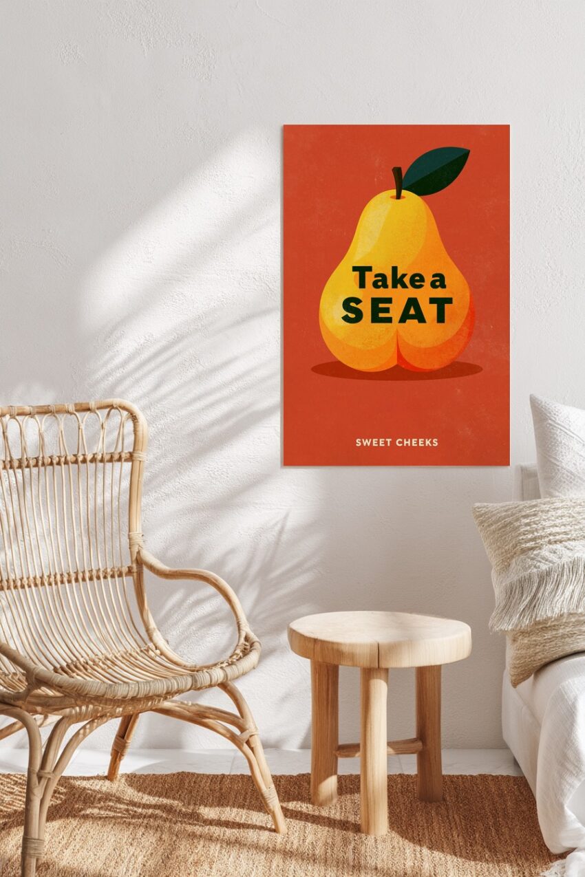 Grafikdesign Poster Birne Schriftzug gelb orange