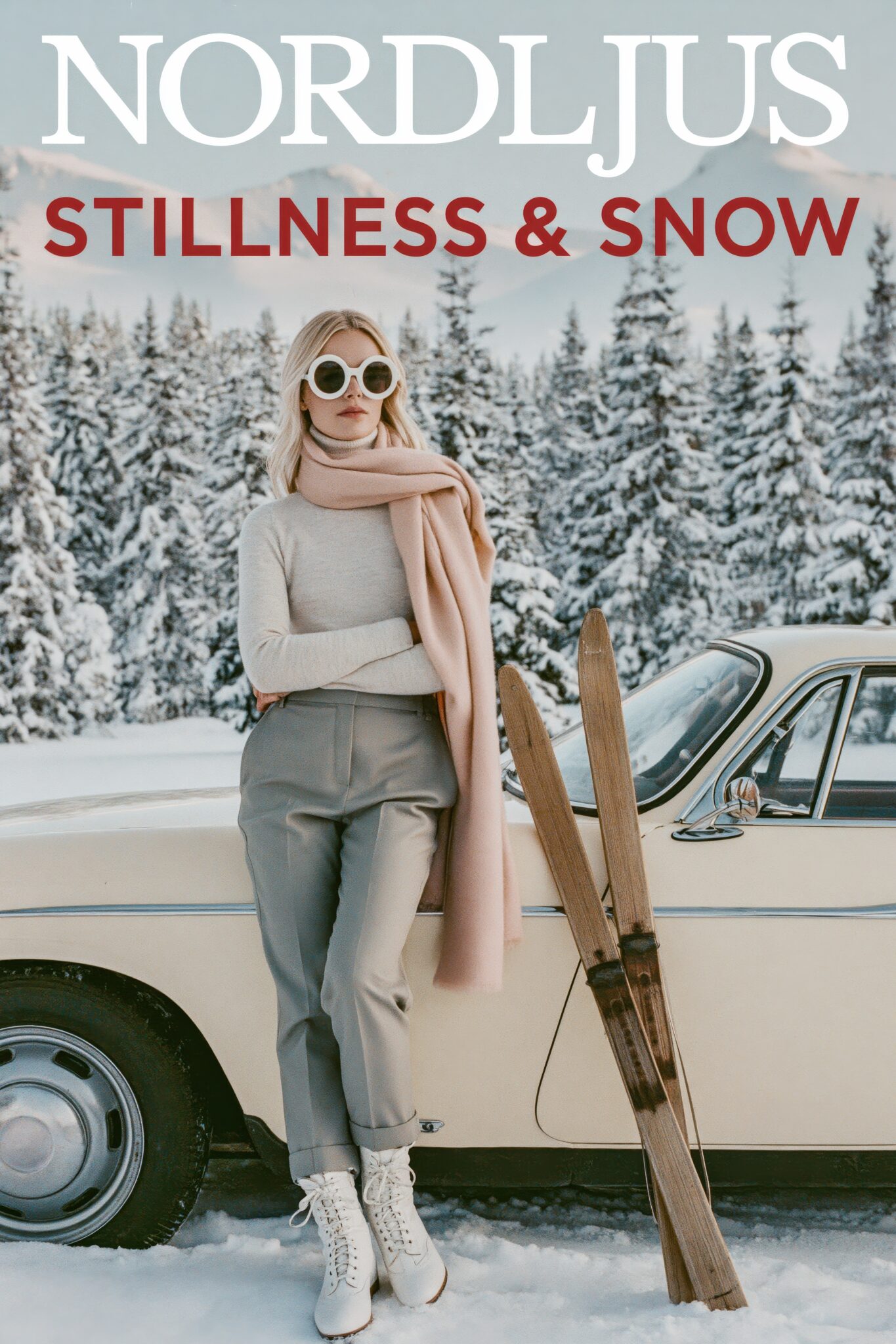 Fotografie Poster Frau Skier Retroauto Winter karg