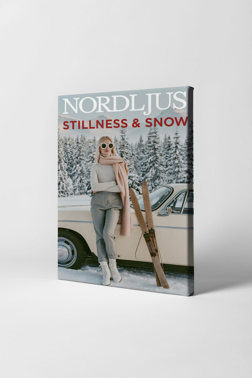 Fotografie Poster Frau Skier Retroauto Winter karg