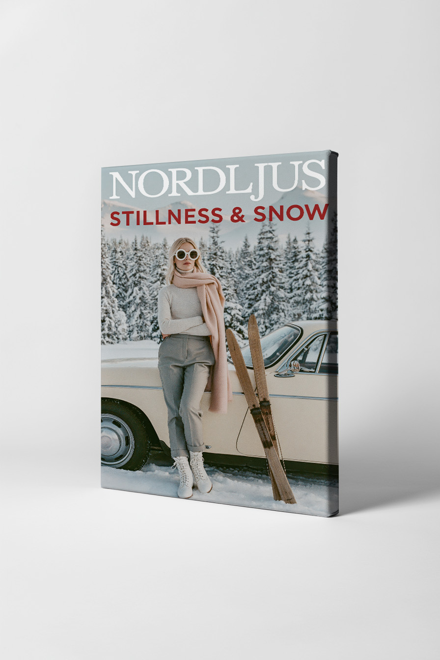 Fotografie Poster Frau Skier Retroauto Winter karg