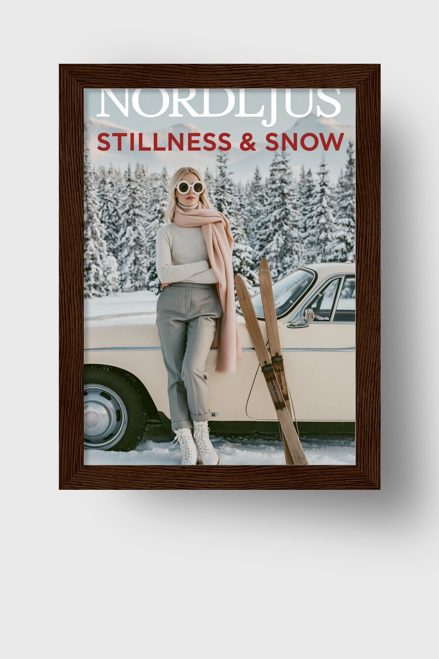 Fotografie Poster Frau Skier Retroauto Winter karg