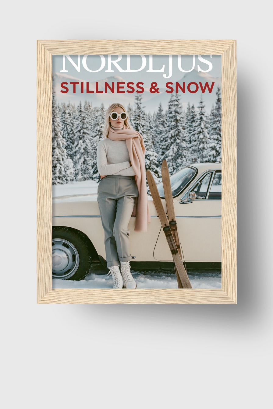 Fotografie Poster Frau Skier Retroauto Winter karg