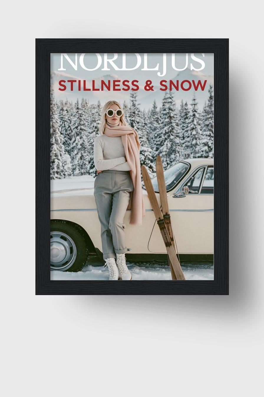 Fotografie Poster Frau Skier Retroauto Winter karg