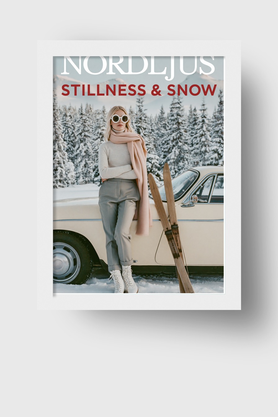 Fotografie Poster Frau Skier Retroauto Winter karg