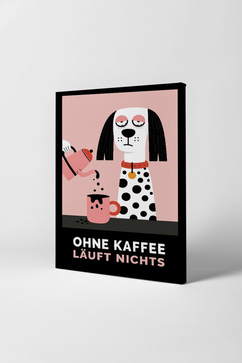 Illustration Poster Hund Kaffee Tasse minimalistisch rosa schwarz weiß