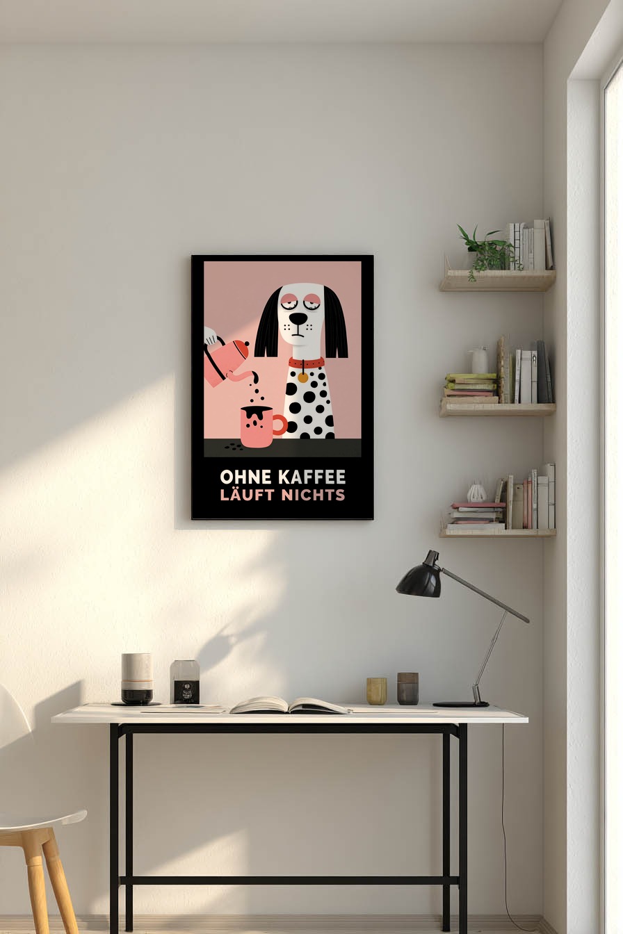 Illustration Poster Hund Kaffee Tasse minimalistisch rosa schwarz weiß
