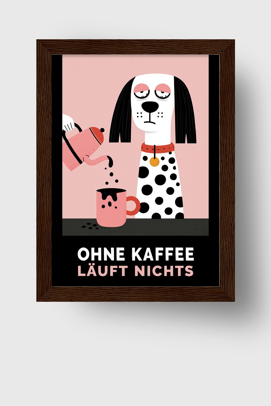 Illustration Poster Hund Kaffee Tasse minimalistisch rosa schwarz weiß