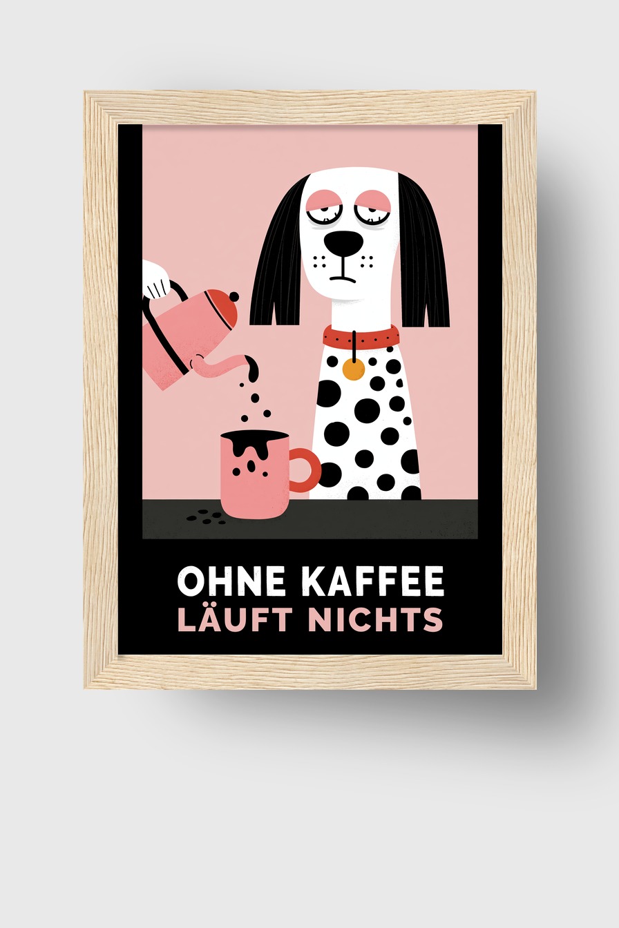 Illustration Poster Hund Kaffee Tasse minimalistisch rosa schwarz weiß