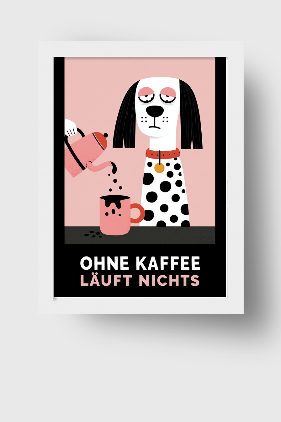 Illustration Poster Hund Kaffee Tasse minimalistisch rosa schwarz weiß