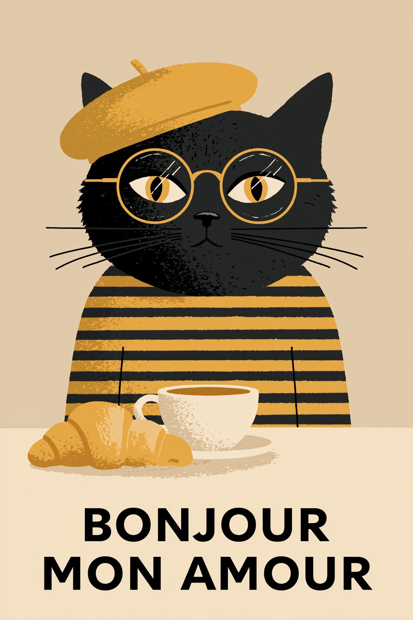 Illustration Poster Katze mit Barett Brille Kaffee braun