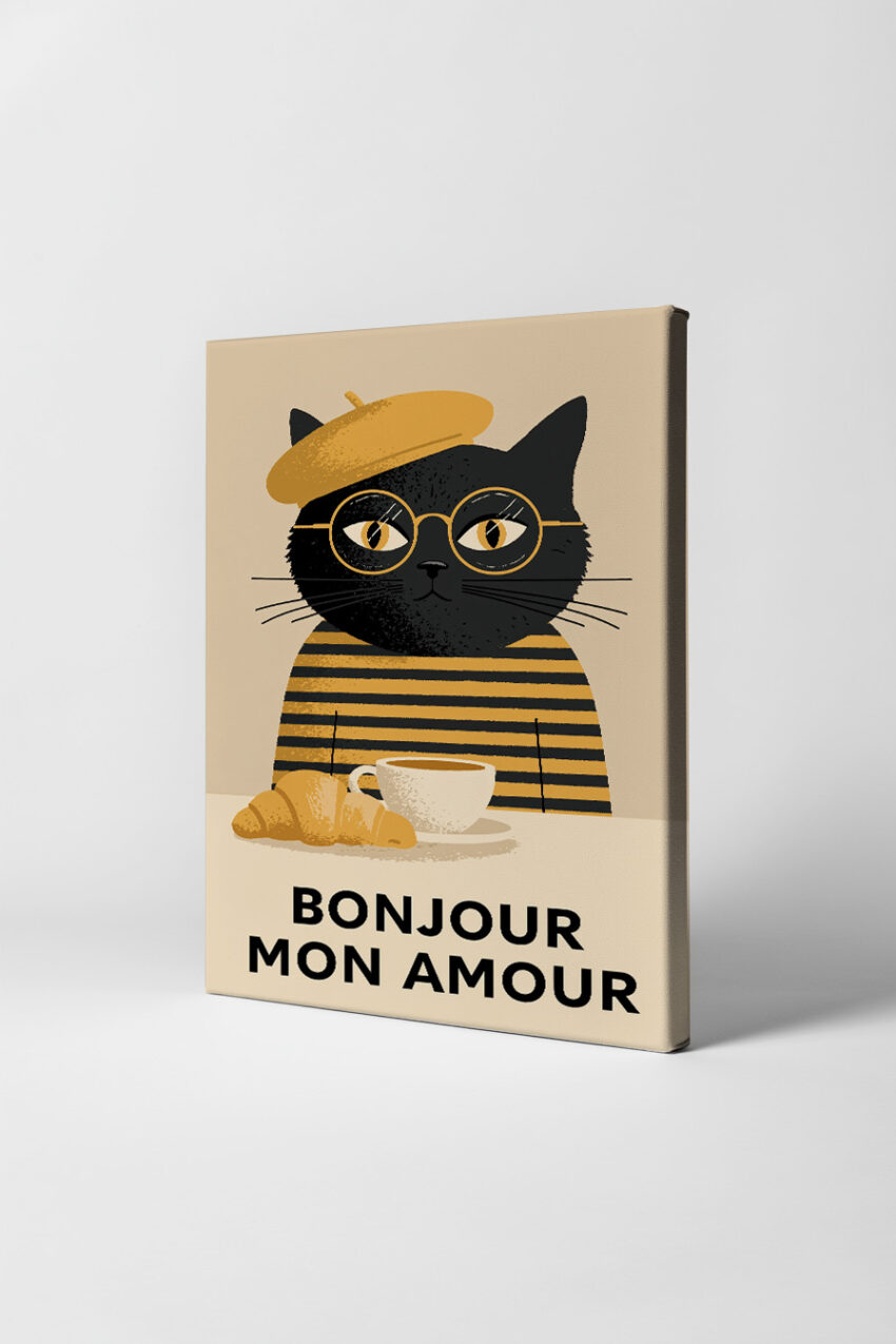 Illustration Poster Katze mit Barett Brille Kaffee braun