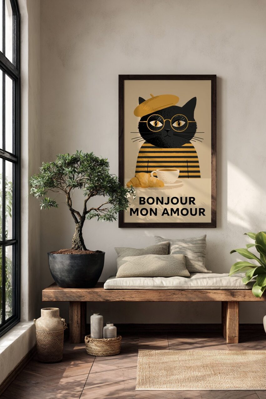 Illustration Poster Katze mit Barett Brille Kaffee braun