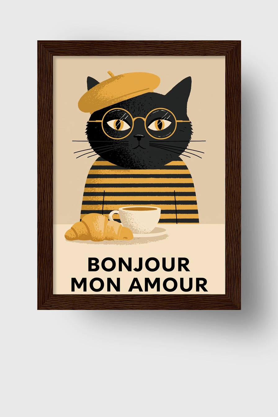 Illustration Poster Katze mit Barett Brille Kaffee braun