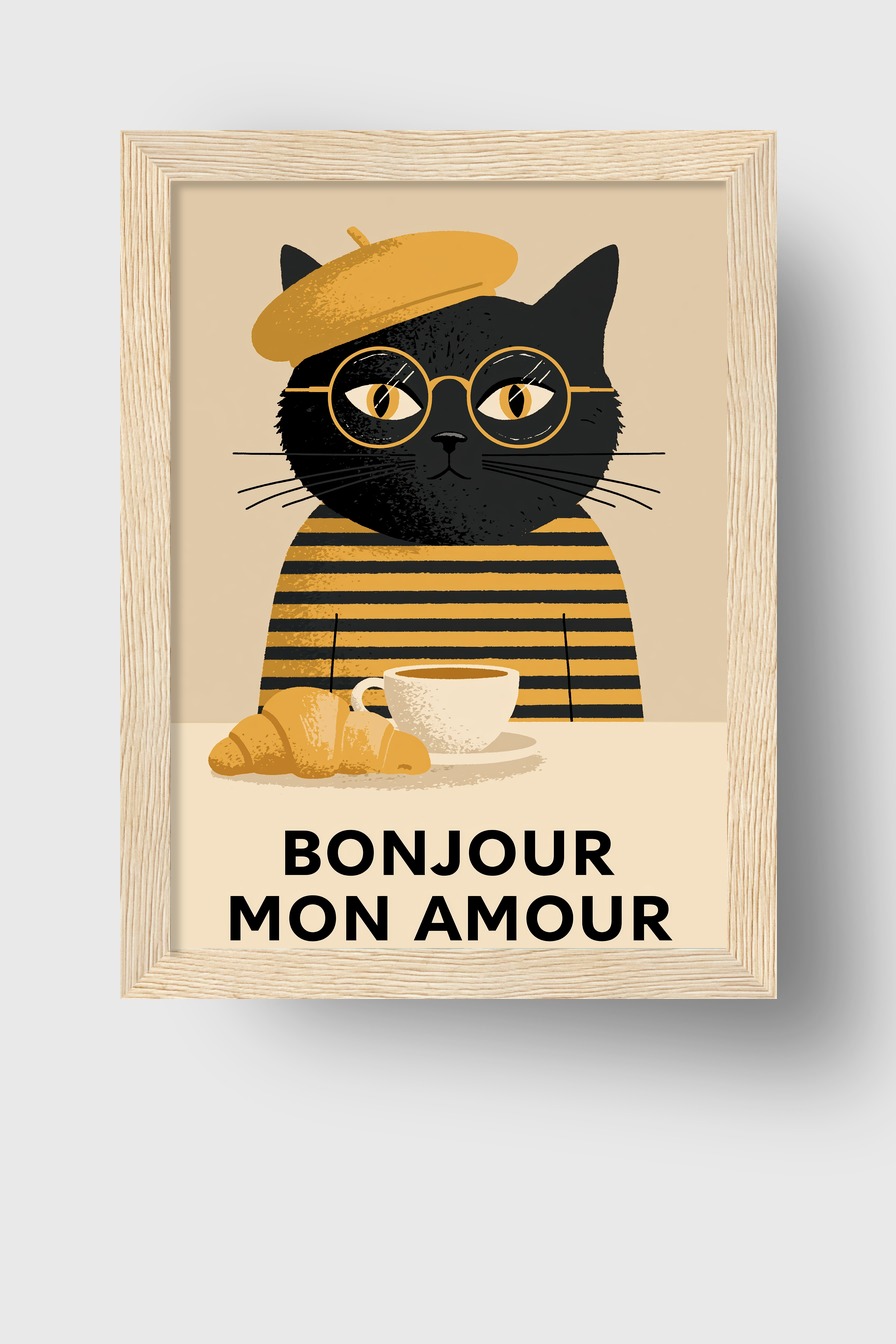 Illustration Poster Katze mit Barett Brille Kaffee braun