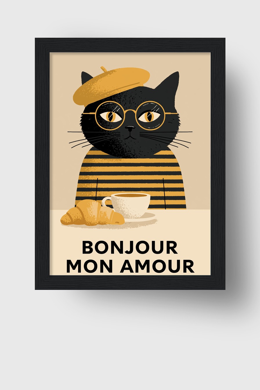 Illustration Poster Katze mit Barett Brille Kaffee braun