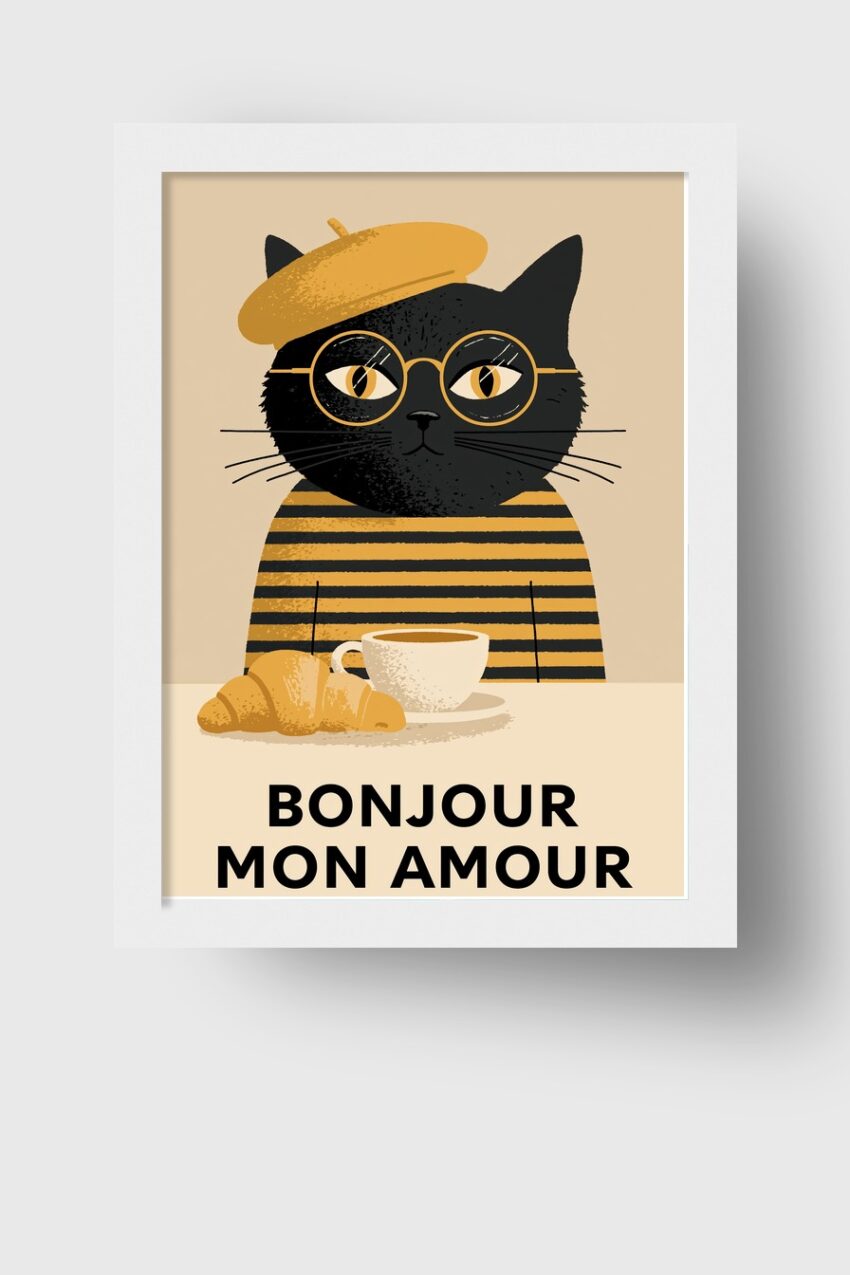Illustration Poster Katze mit Barett Brille Kaffee braun