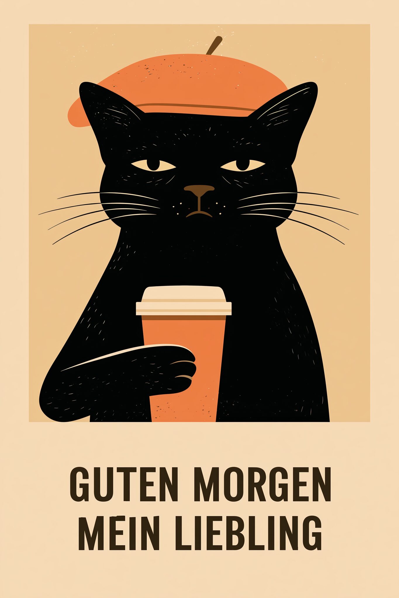 Illustration Poster Katze schwarz mit Kaffeebecher beige
