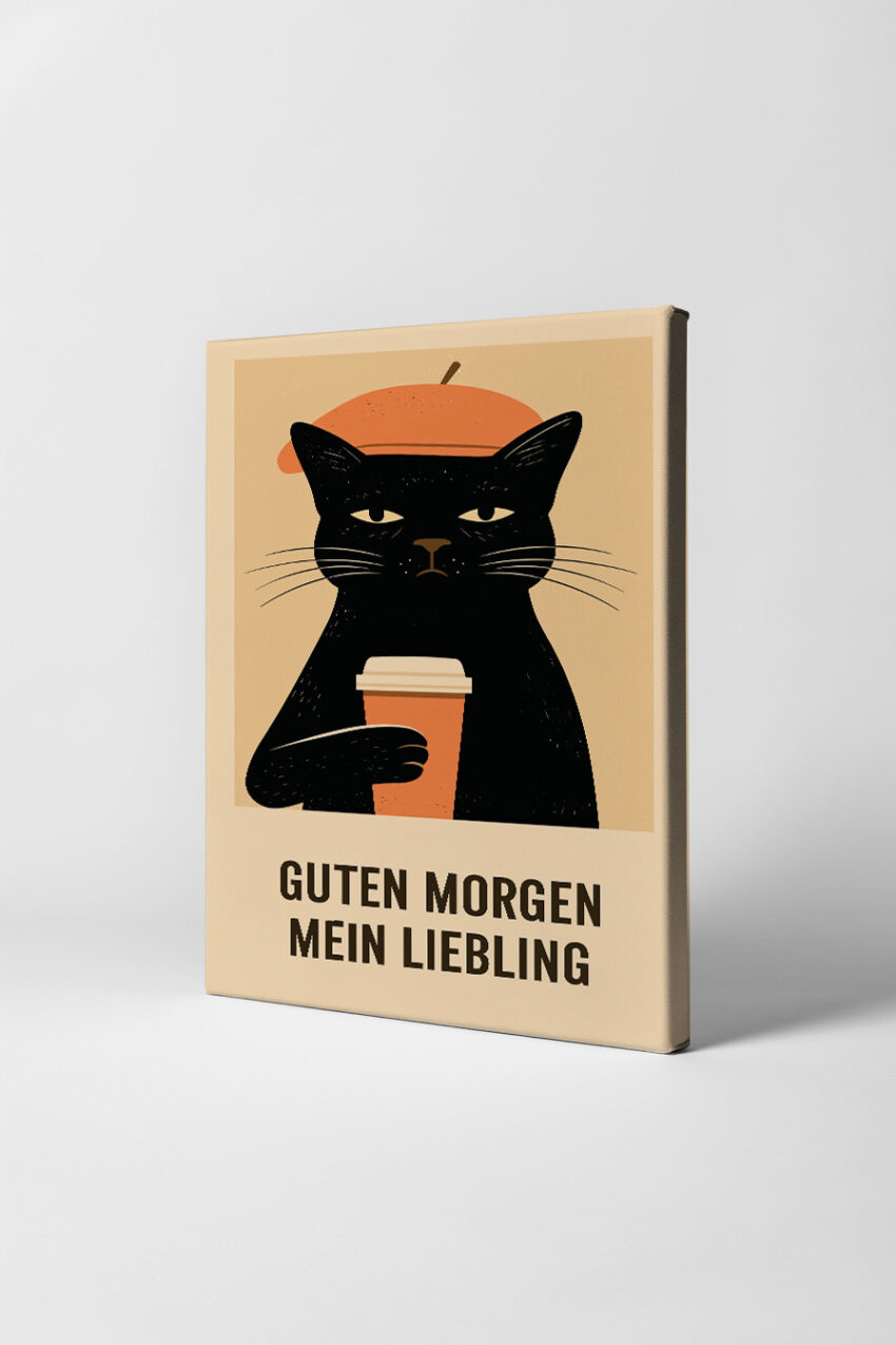 Illustration Poster Katze schwarz mit Kaffeebecher beige