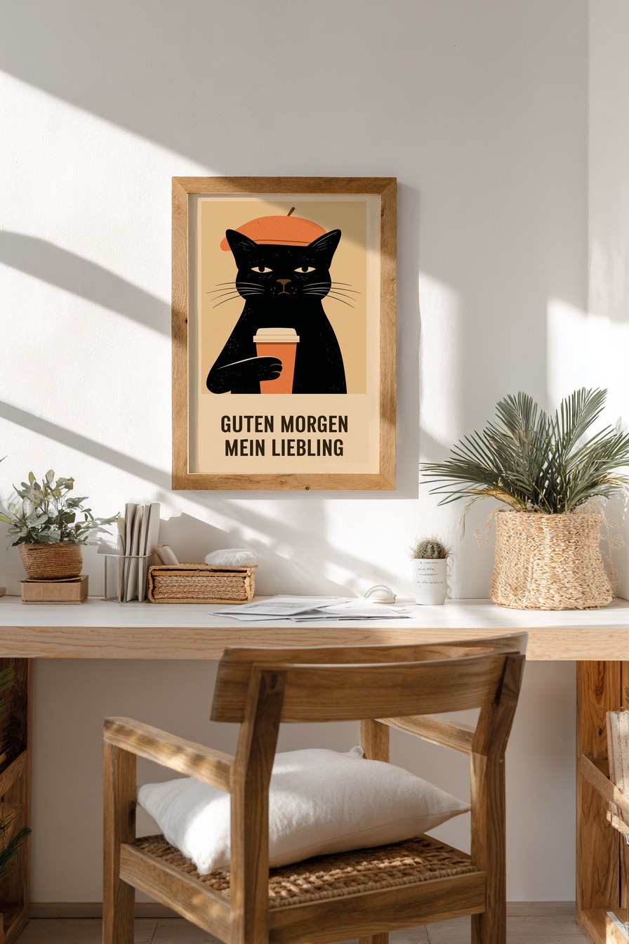 Illustration Poster Katze schwarz mit Kaffeebecher beige