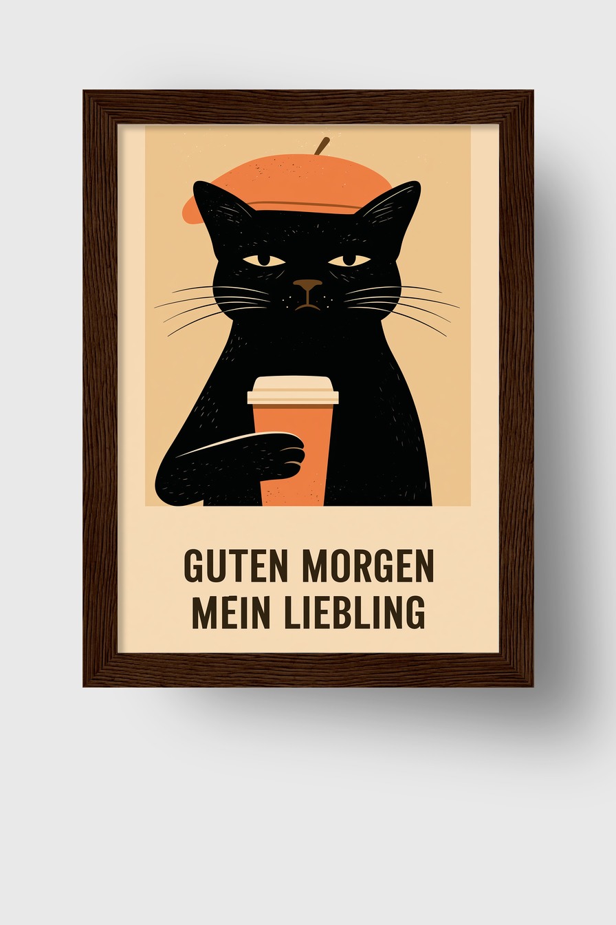 Illustration Poster Katze schwarz mit Kaffeebecher beige