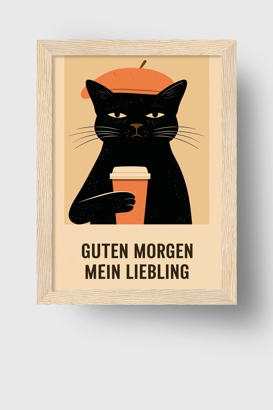 Illustration Poster Katze schwarz mit Kaffeebecher beige