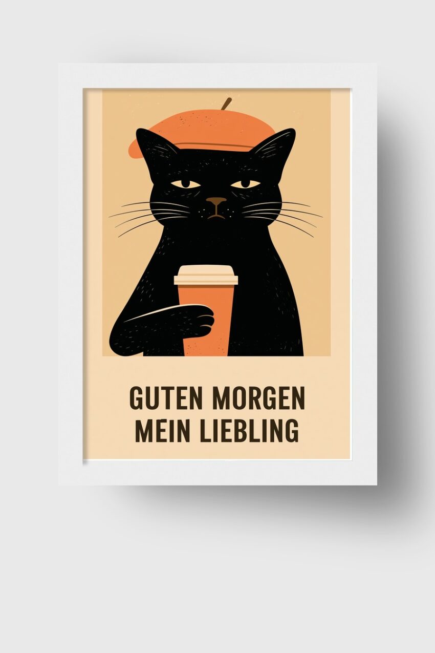 Illustration Poster Katze schwarz mit Kaffeebecher beige