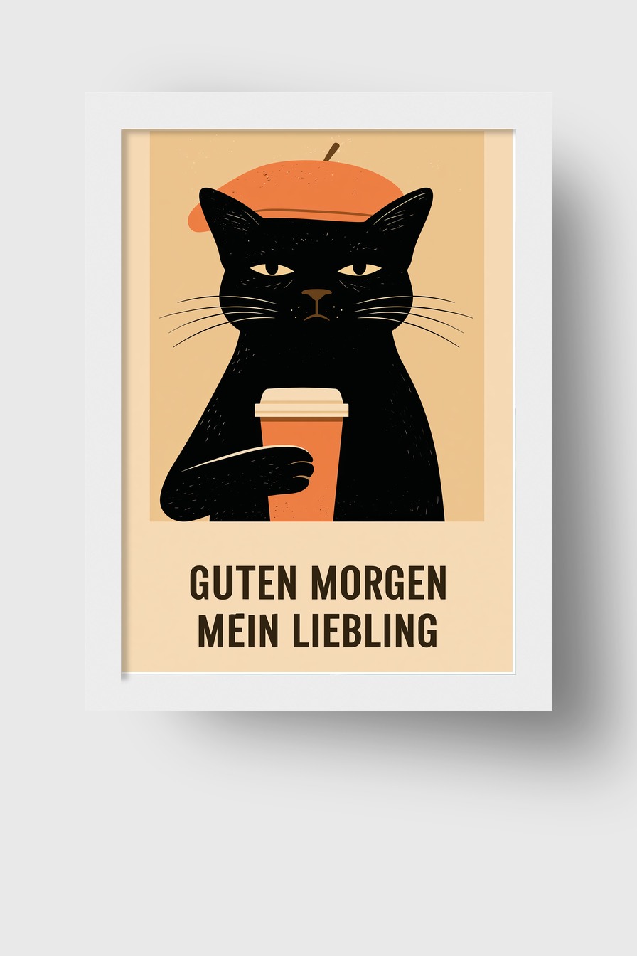 Illustration Poster Katze schwarz mit Kaffeebecher beige