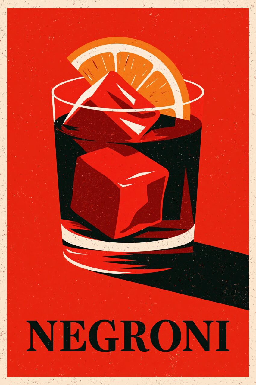Grafik Poster Negroni Glas Orangenscheibe rot schwarz
