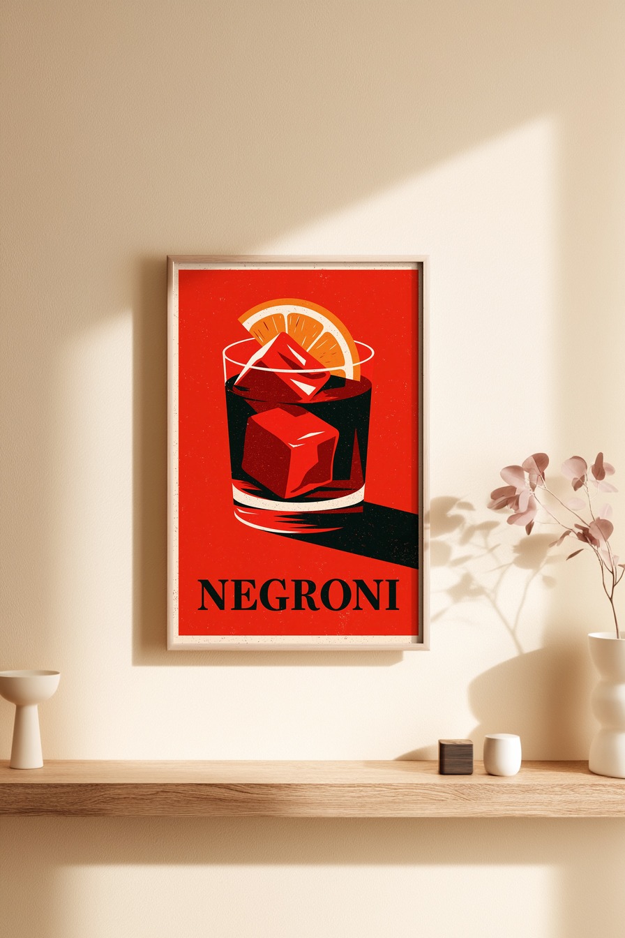 Grafik Poster Negroni Glas Orangenscheibe rot schwarz