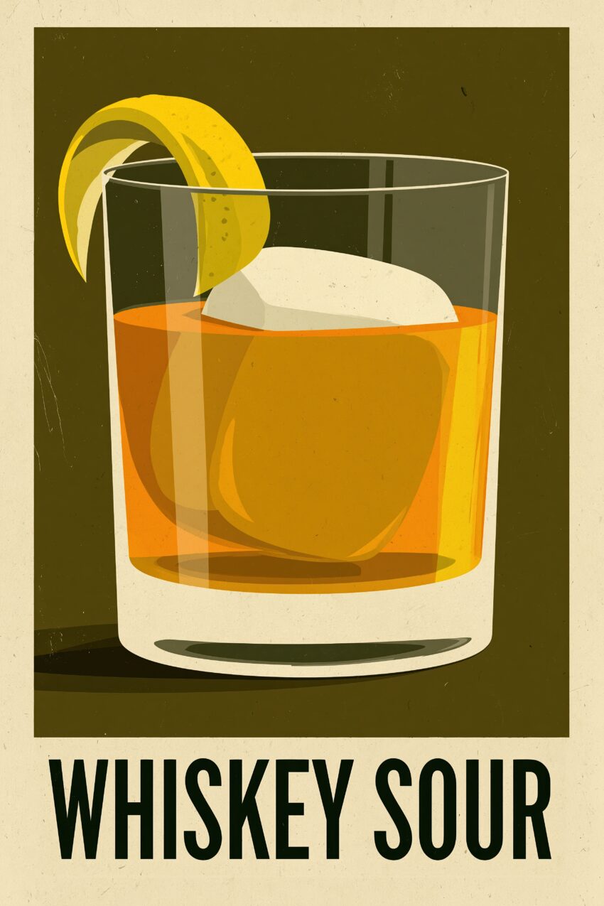 Illustration Poster Whiskey Glas Eiswürfel Zitrone warm orange