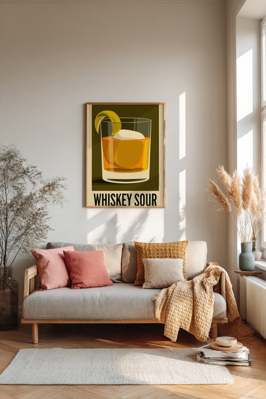 Illustration Poster Whiskey Glas Eiswürfel Zitrone warm orange