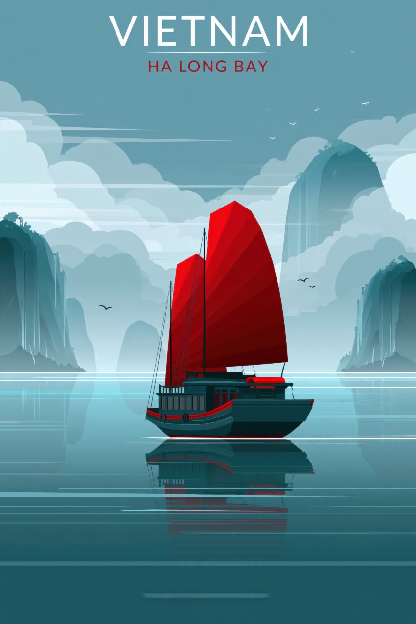 Digitale Kunst Poster Segelboot rotes Segel ruhige Bucht