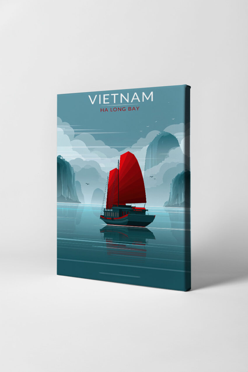Digitale Kunst Poster Segelboot rotes Segel ruhige Bucht