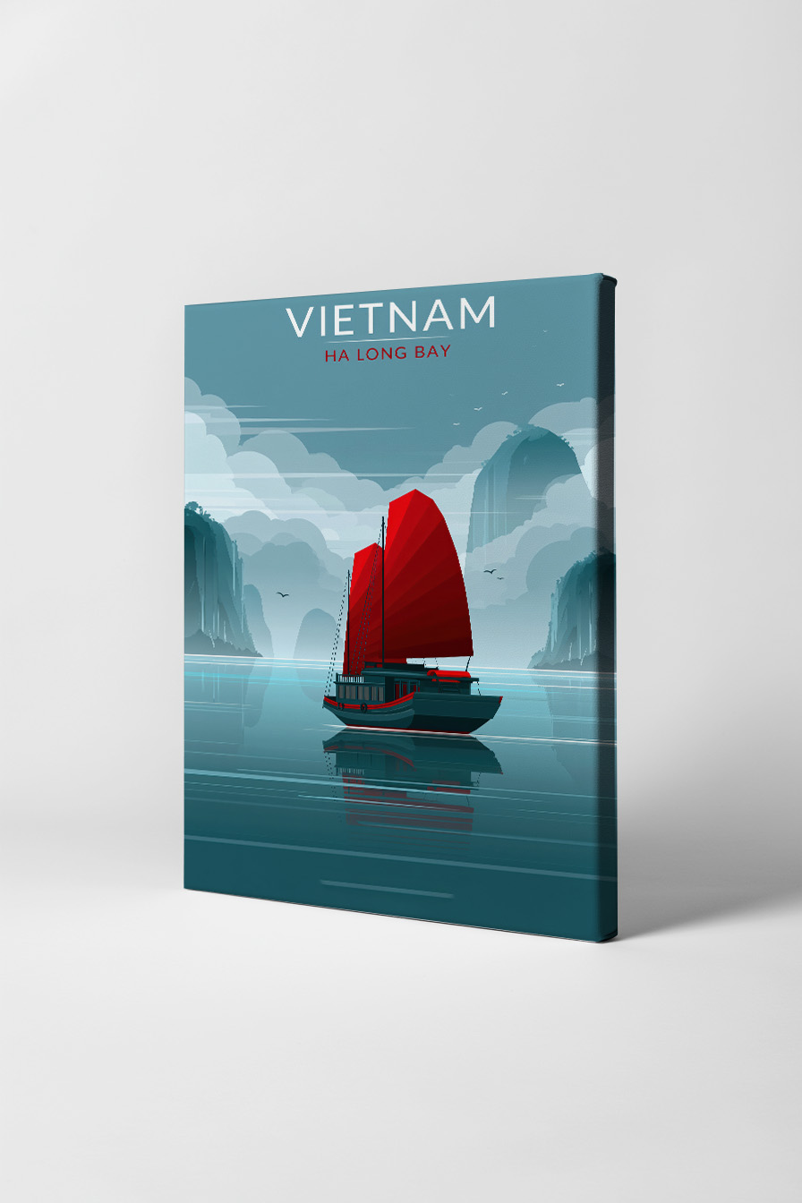 Digitale Kunst Poster Segelboot rotes Segel ruhige Bucht