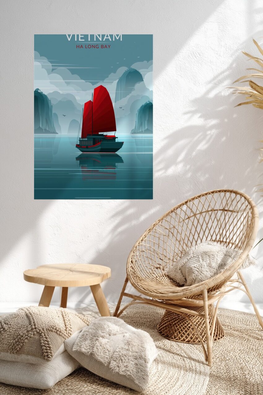 Digitale Kunst Poster Segelboot rotes Segel ruhige Bucht