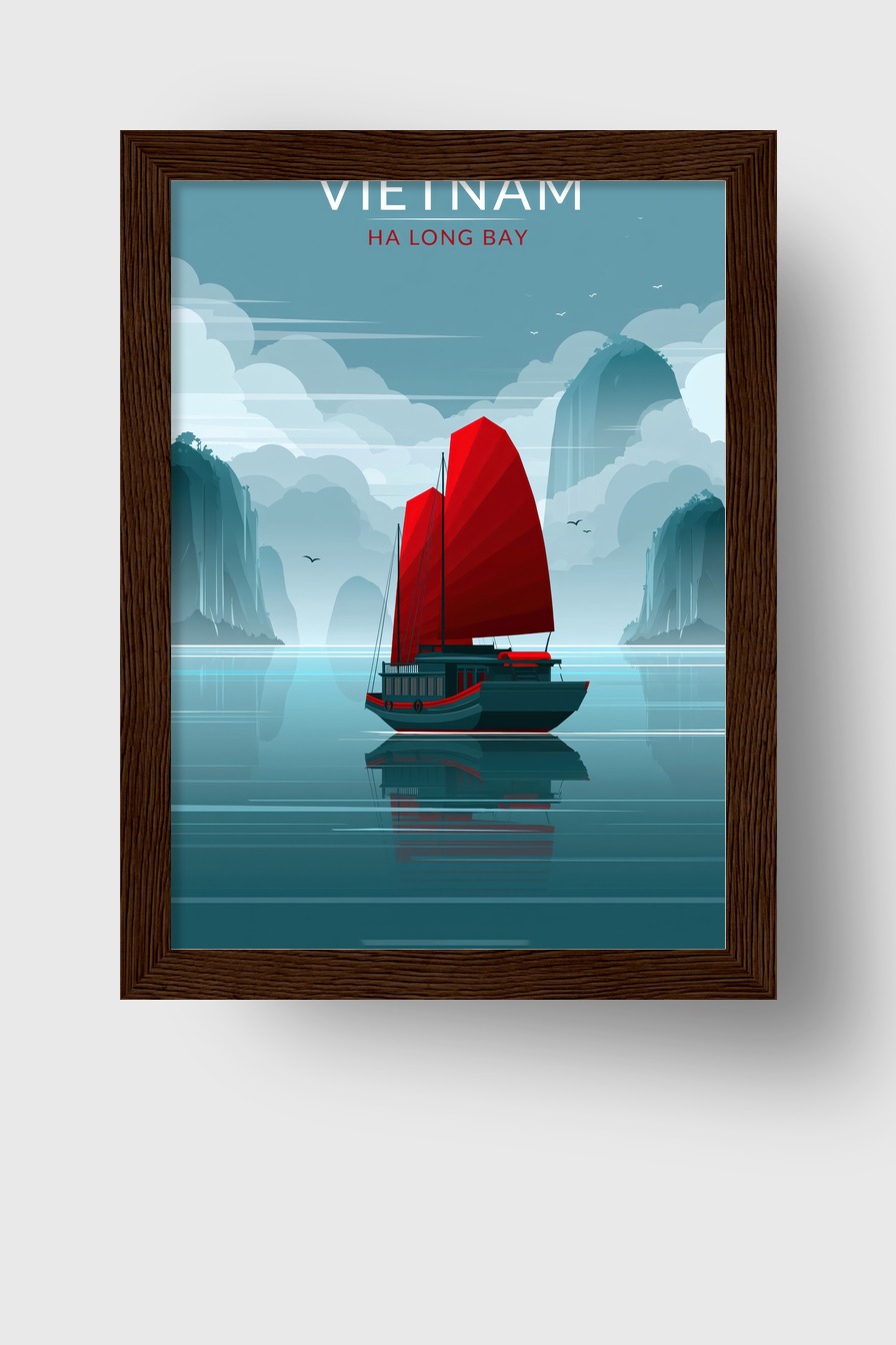 Digitale Kunst Poster Segelboot rotes Segel ruhige Bucht