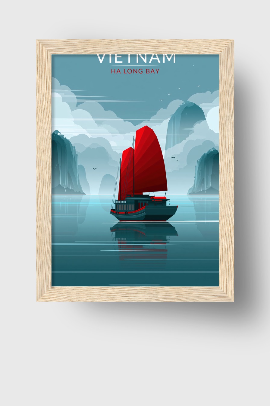 Digitale Kunst Poster Segelboot rotes Segel ruhige Bucht