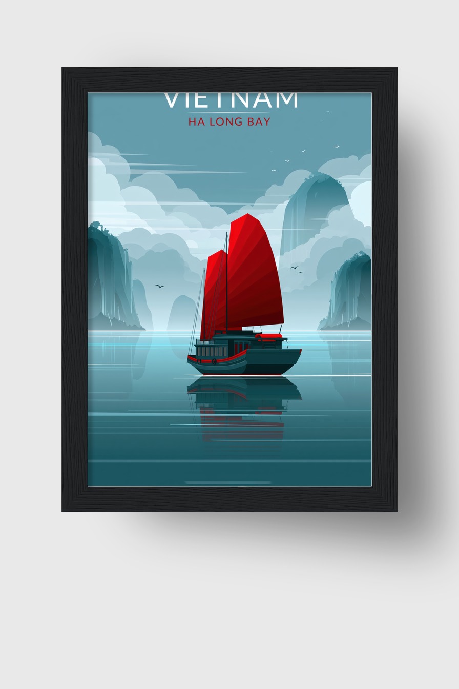 Digitale Kunst Poster Segelboot rotes Segel ruhige Bucht