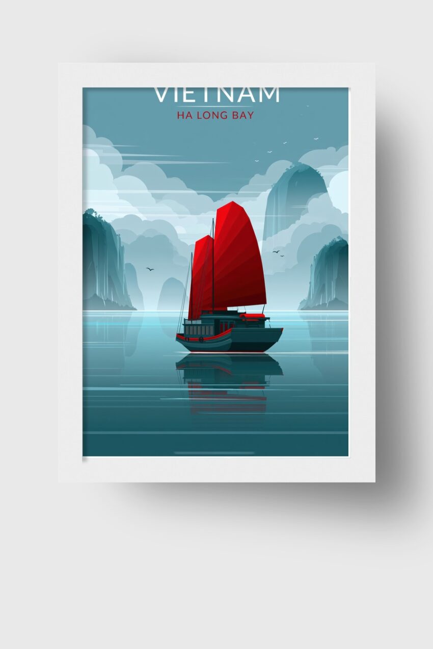 Digitale Kunst Poster Segelboot rotes Segel ruhige Bucht