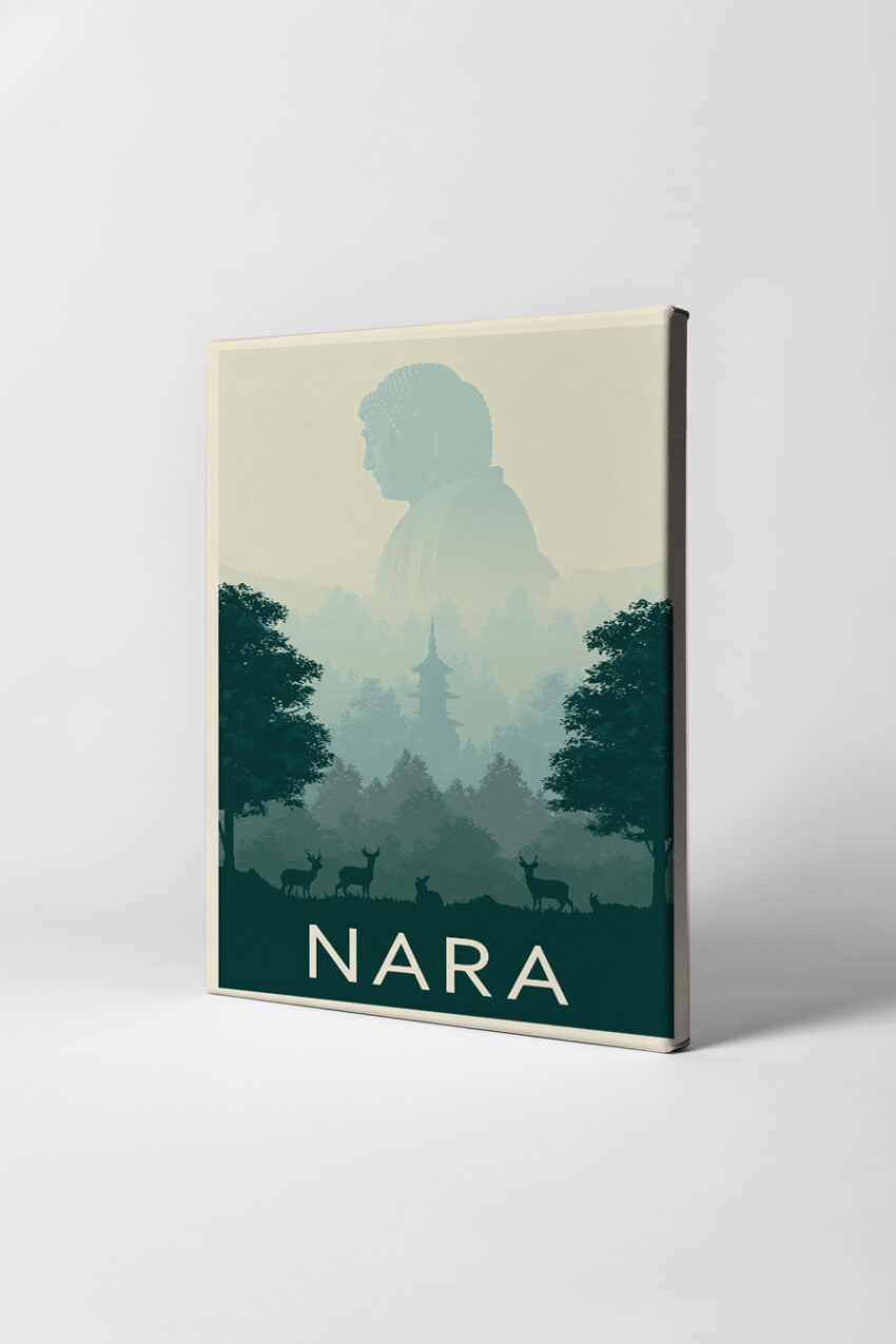 Grafik Poster Buddha Statue Nebel Wald grün blau