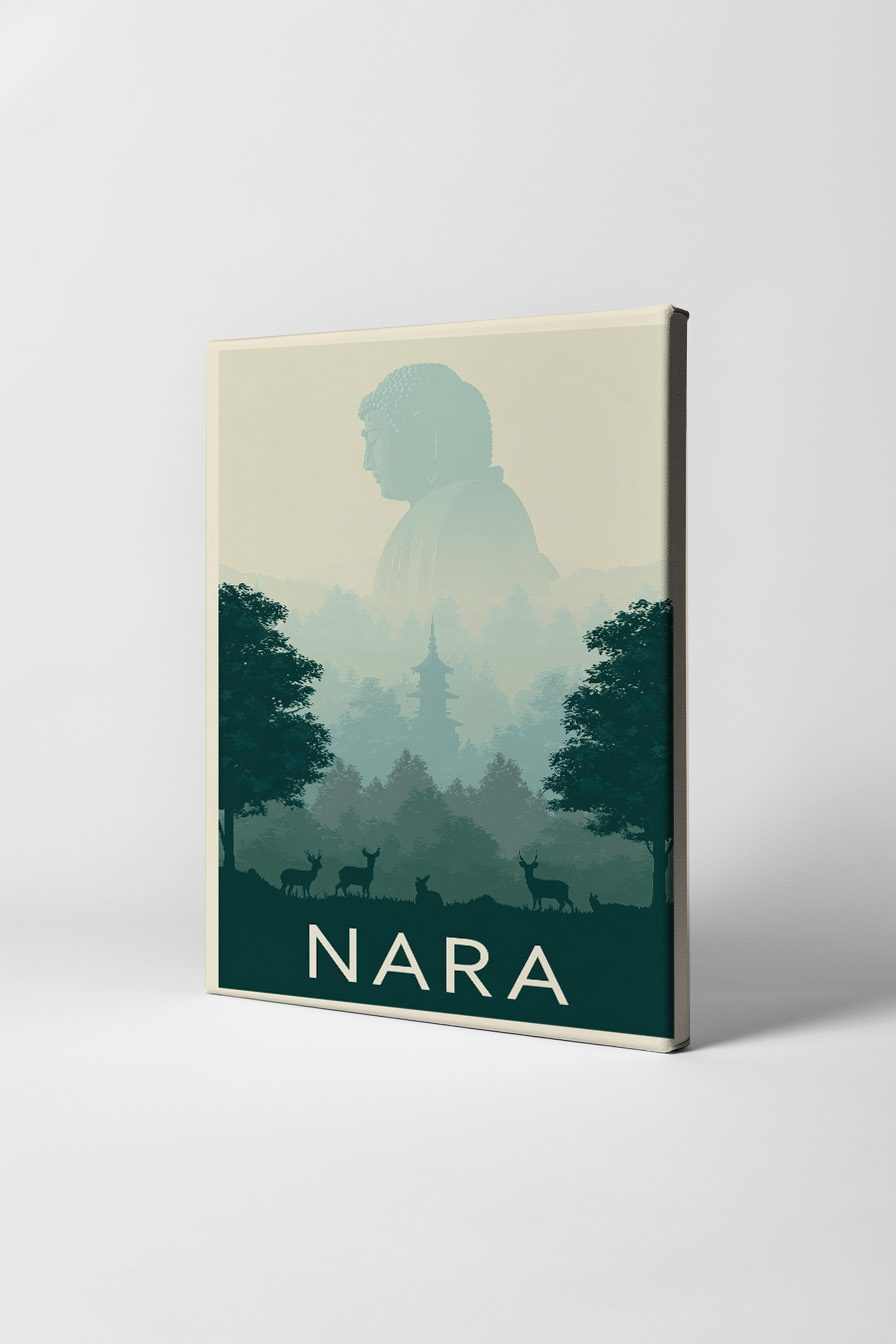 Grafik Poster Buddha Statue Nebel Wald grün blau