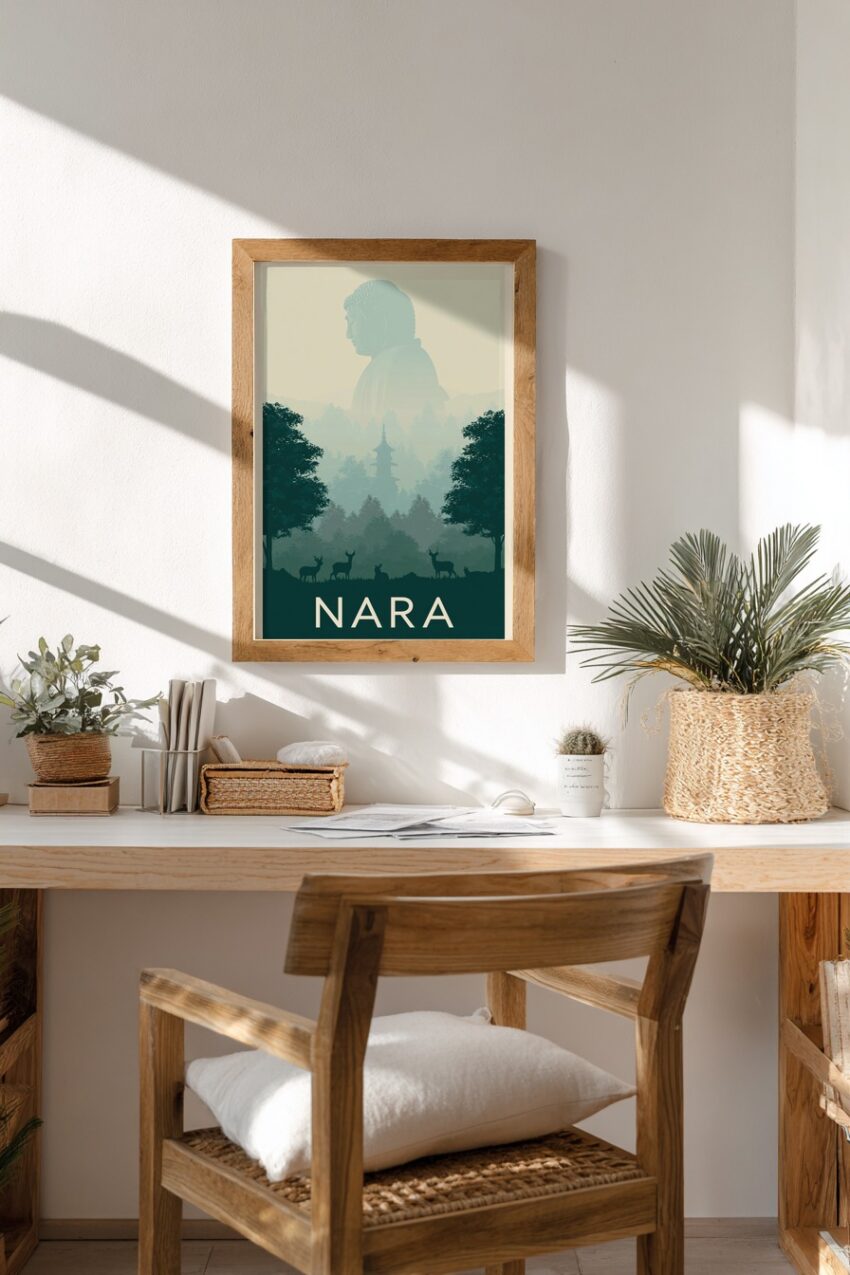 Grafik Poster Buddha Statue Nebel Wald grün blau