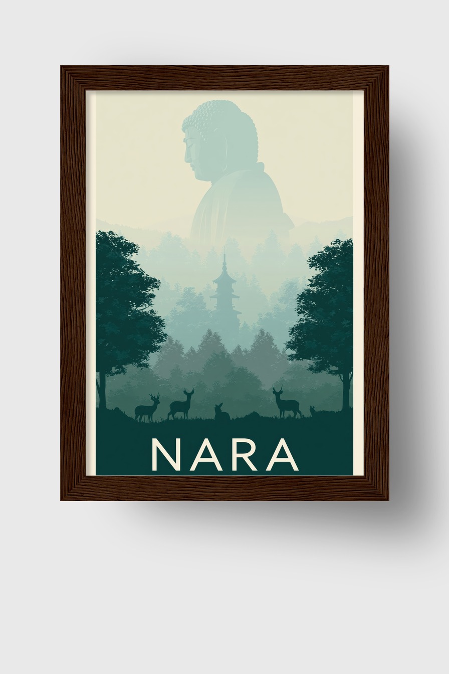 Grafik Poster Buddha Statue Nebel Wald grün blau