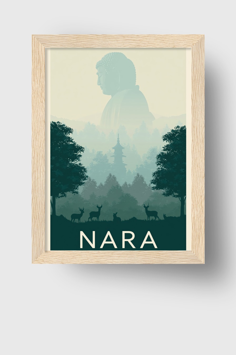 Grafik Poster Buddha Statue Nebel Wald grün blau