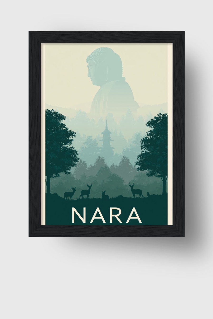 Grafik Poster Buddha Statue Nebel Wald grün blau
